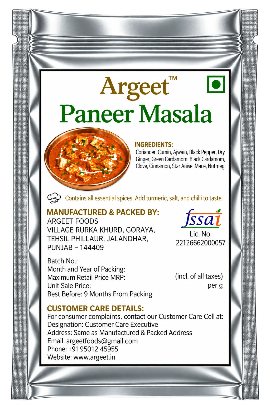 Argeet Paneer Masala Pouch